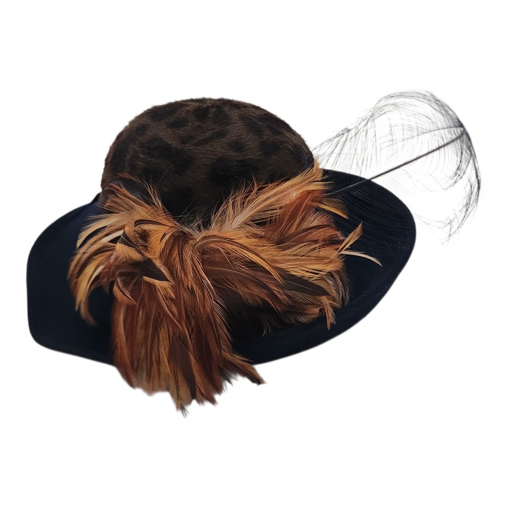 Mr John Classic Vintage Navy Wool Leopard Print Faux Fur‎ Feather Hat New York